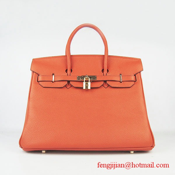 Hermes 35cm Embossed Veins Leather Bag Orange 6089 Gold Hardware